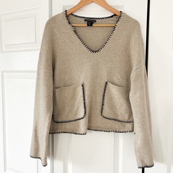 Christian Lacroix Tan Knit Sweater XS V-Neck Contrast Trim Pocket Detail Cozy - Picture 2 of 6
